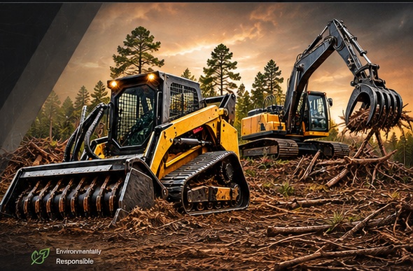 Skid steer and excavator on a land clearing site
